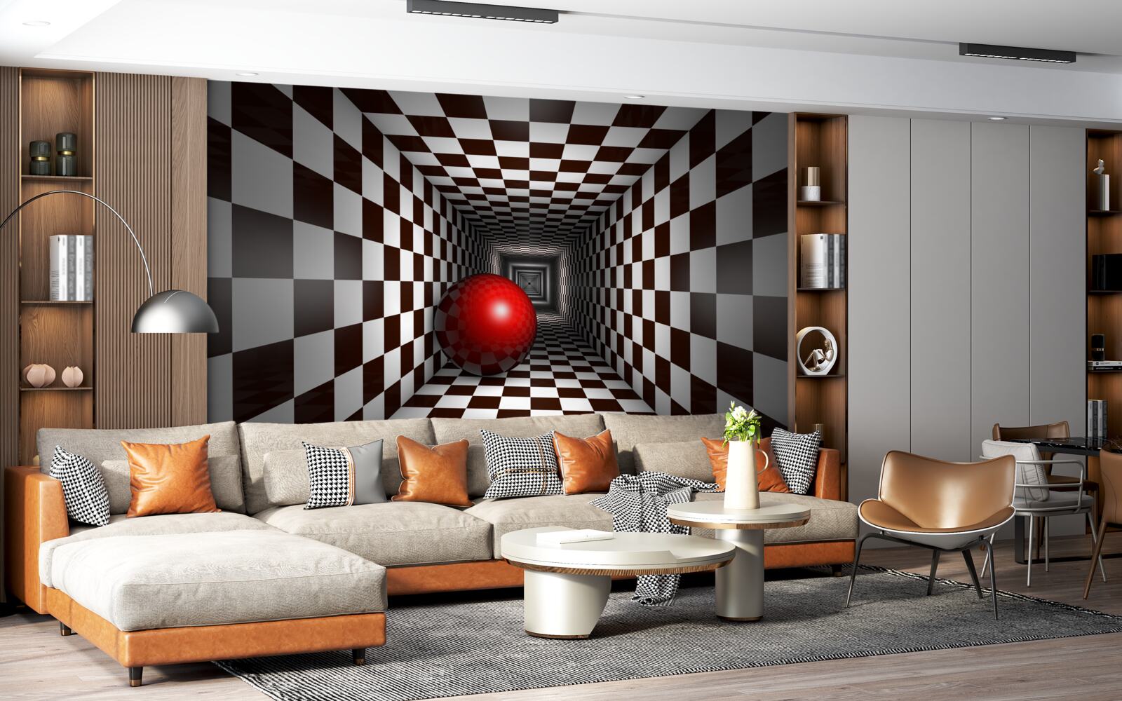 Fototapeta červená guľa v chodbe zdobenej ako šachovnica