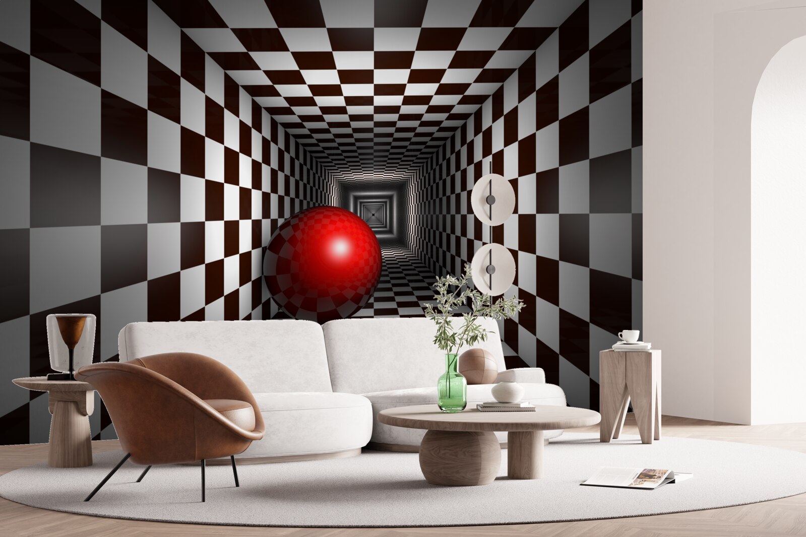 Fototapeta červená guľa v chodbe zdobenej ako šachovnica