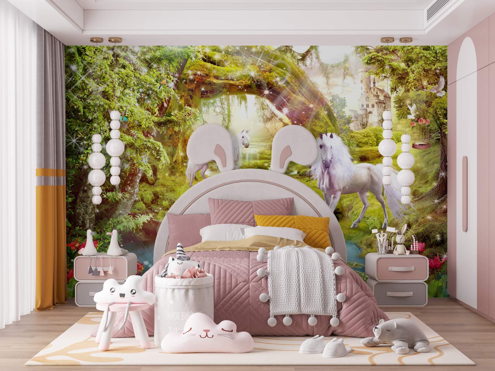 Fototapeta biele jednorožce pri jazere v lese