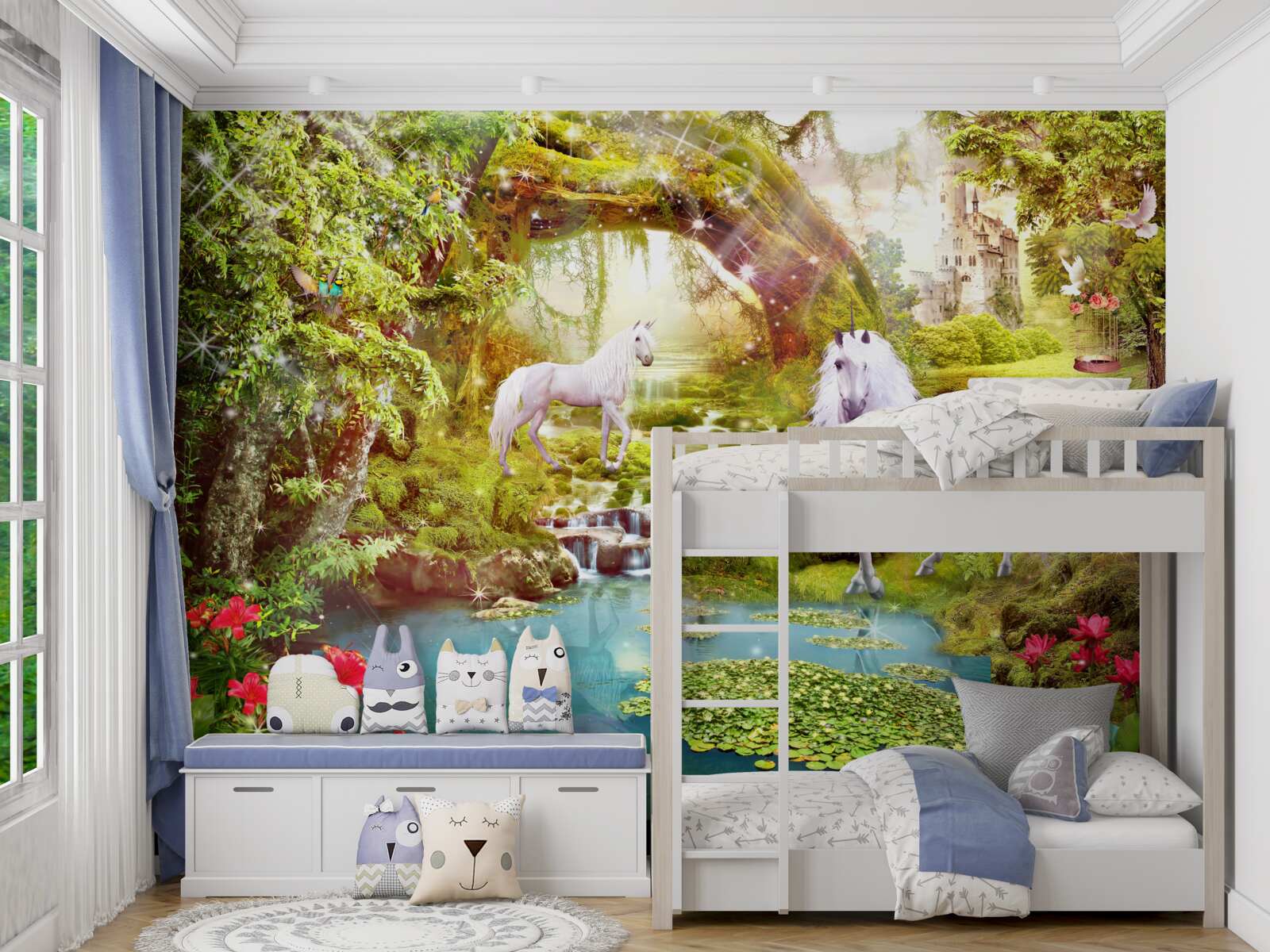 Fototapeta biele jednorožce pri jazere v lese