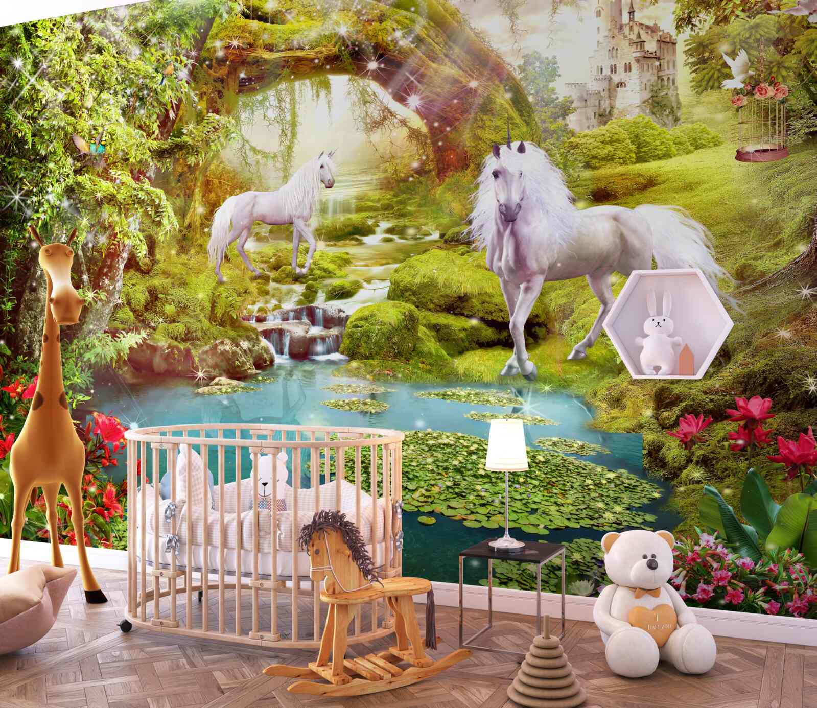 Fototapeta biele jednorožce pri jazere v lese