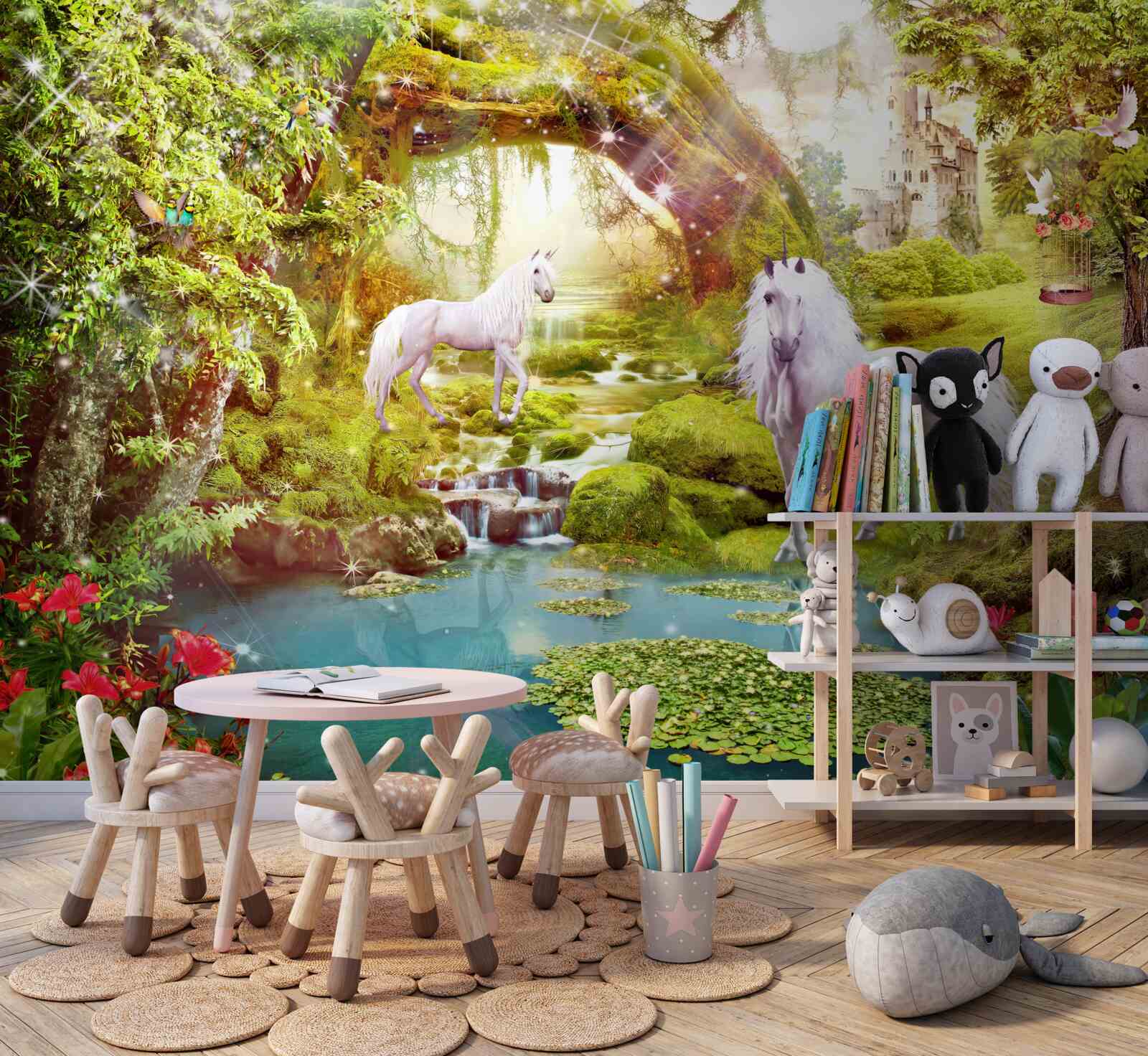 Fototapeta biele jednorožce pri jazere v lese