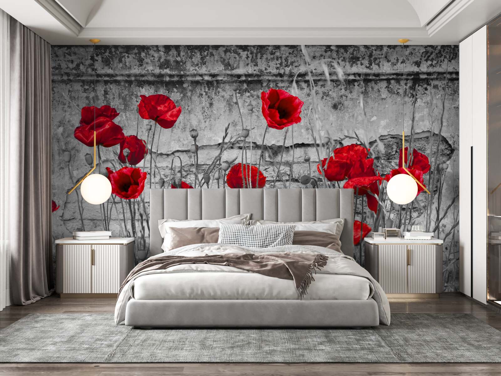 Fototapeta šarlátové maky na sivom podklade