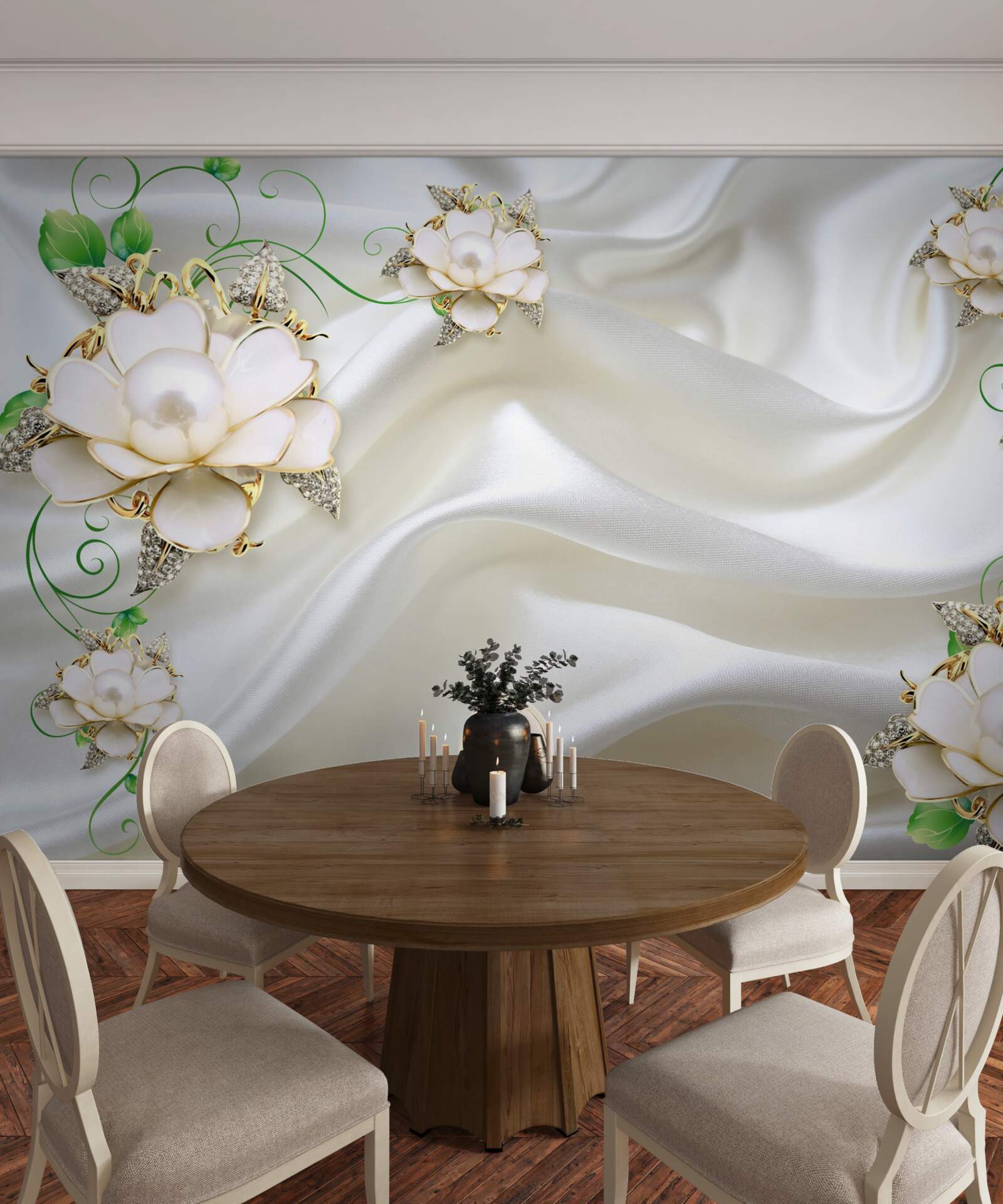 Fototapeta Biele dieliky sú umiestnené na saténovom bielom podklade