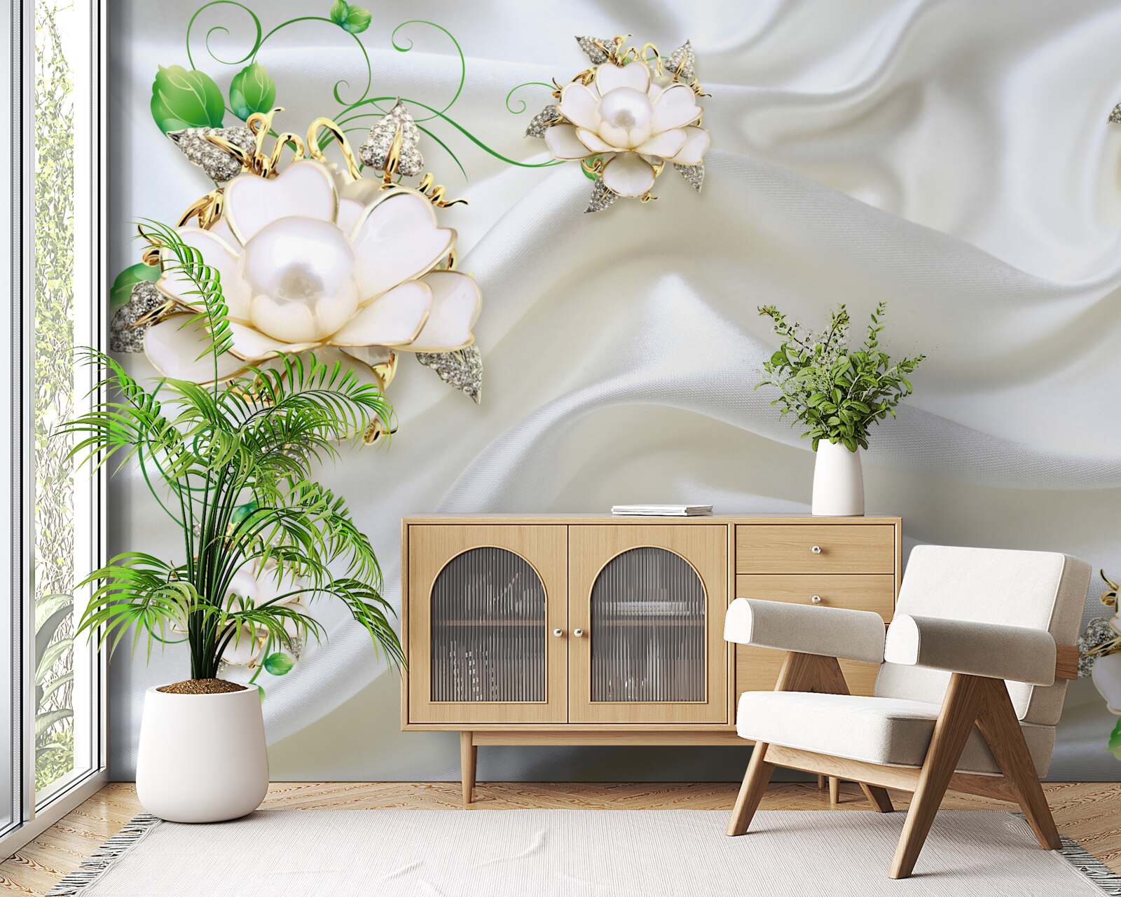 Fototapeta Biele dieliky sú umiestnené na saténovom bielom podklade