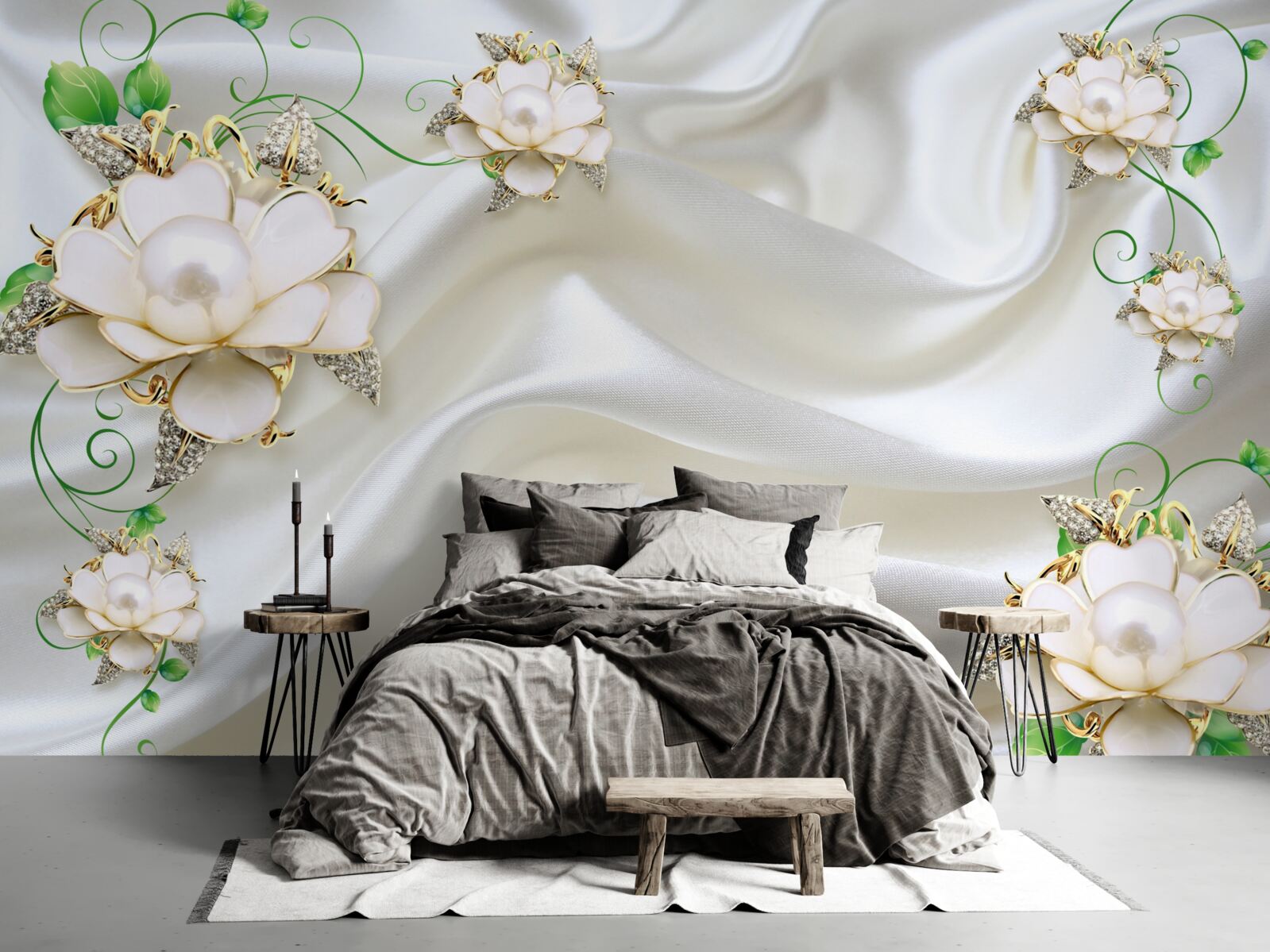 Fototapeta Biele dieliky sú umiestnené na saténovom bielom podklade