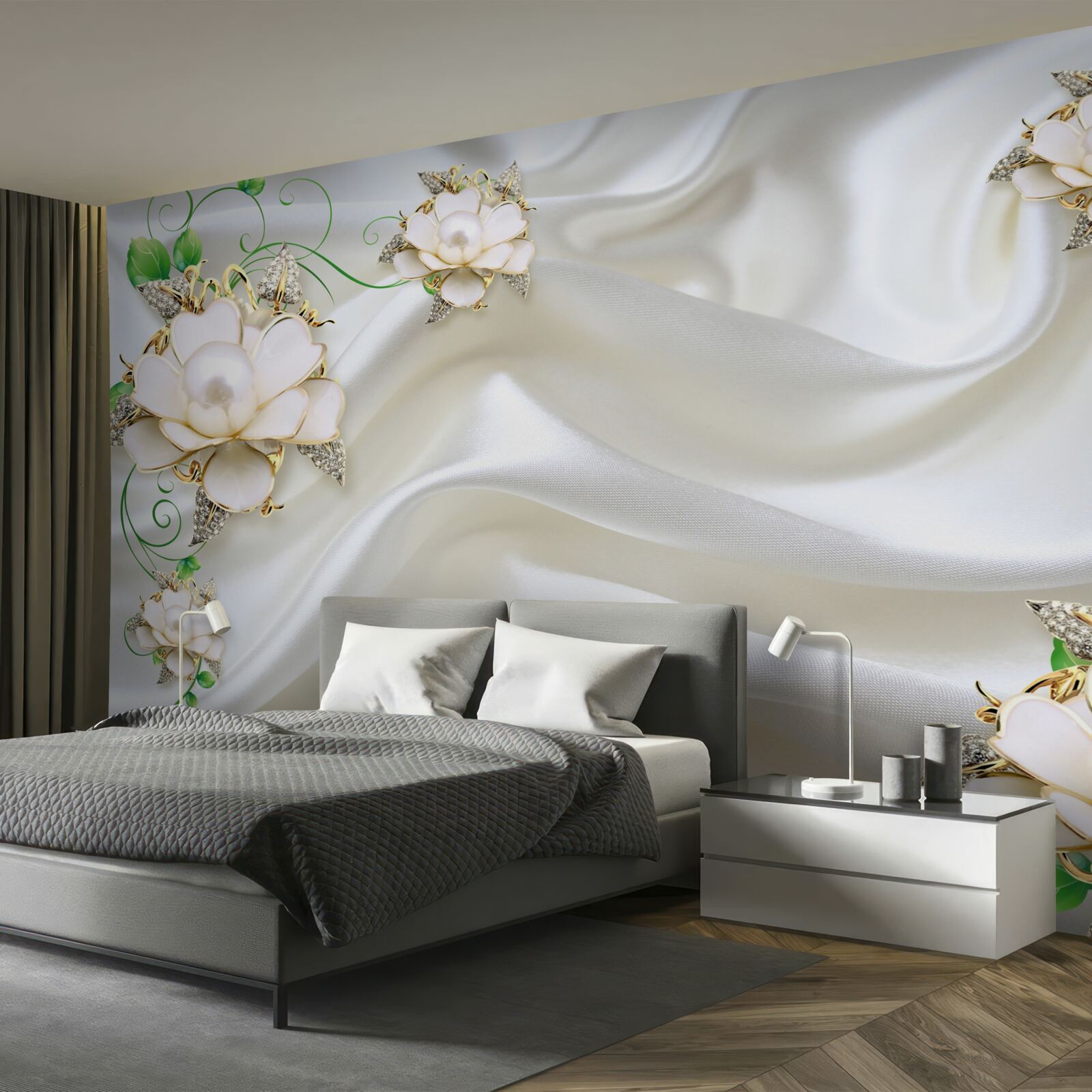 Fototapeta Biele dieliky sú umiestnené na saténovom bielom podklade