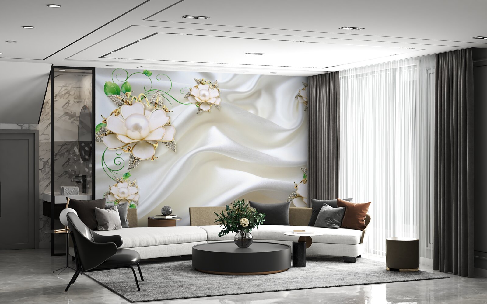 Fototapeta Biele dieliky sú umiestnené na saténovom bielom podklade