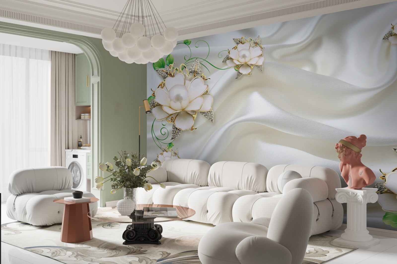 Fototapeta Biele dieliky sú umiestnené na saténovom bielom podklade