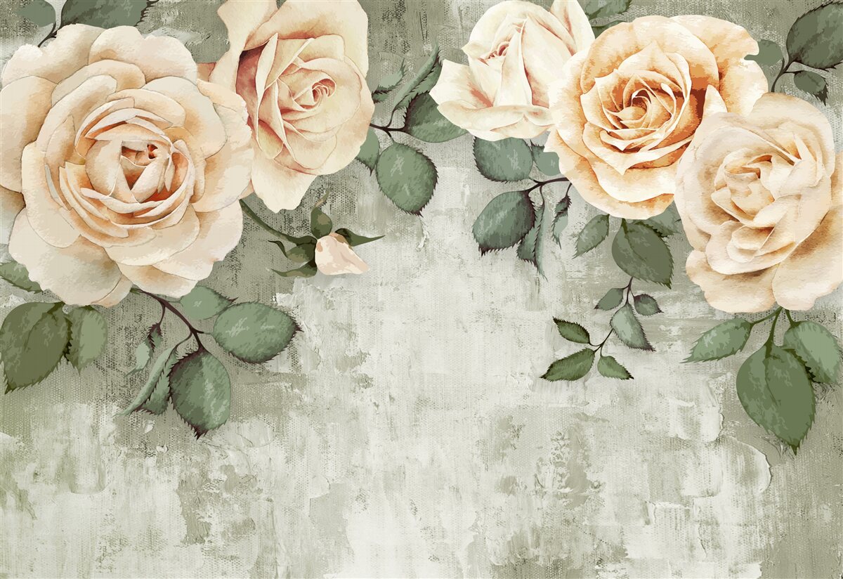 Fototapeta krémové ruže s veľkými zelenými listami