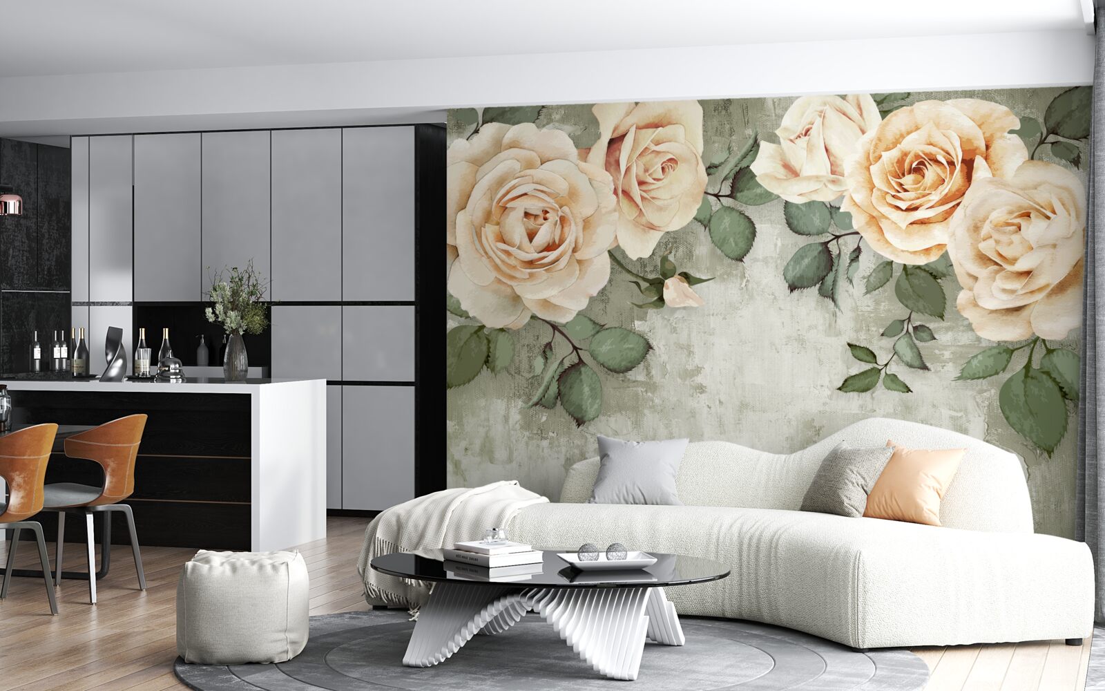 Fototapeta krémové ruže s veľkými zelenými listami