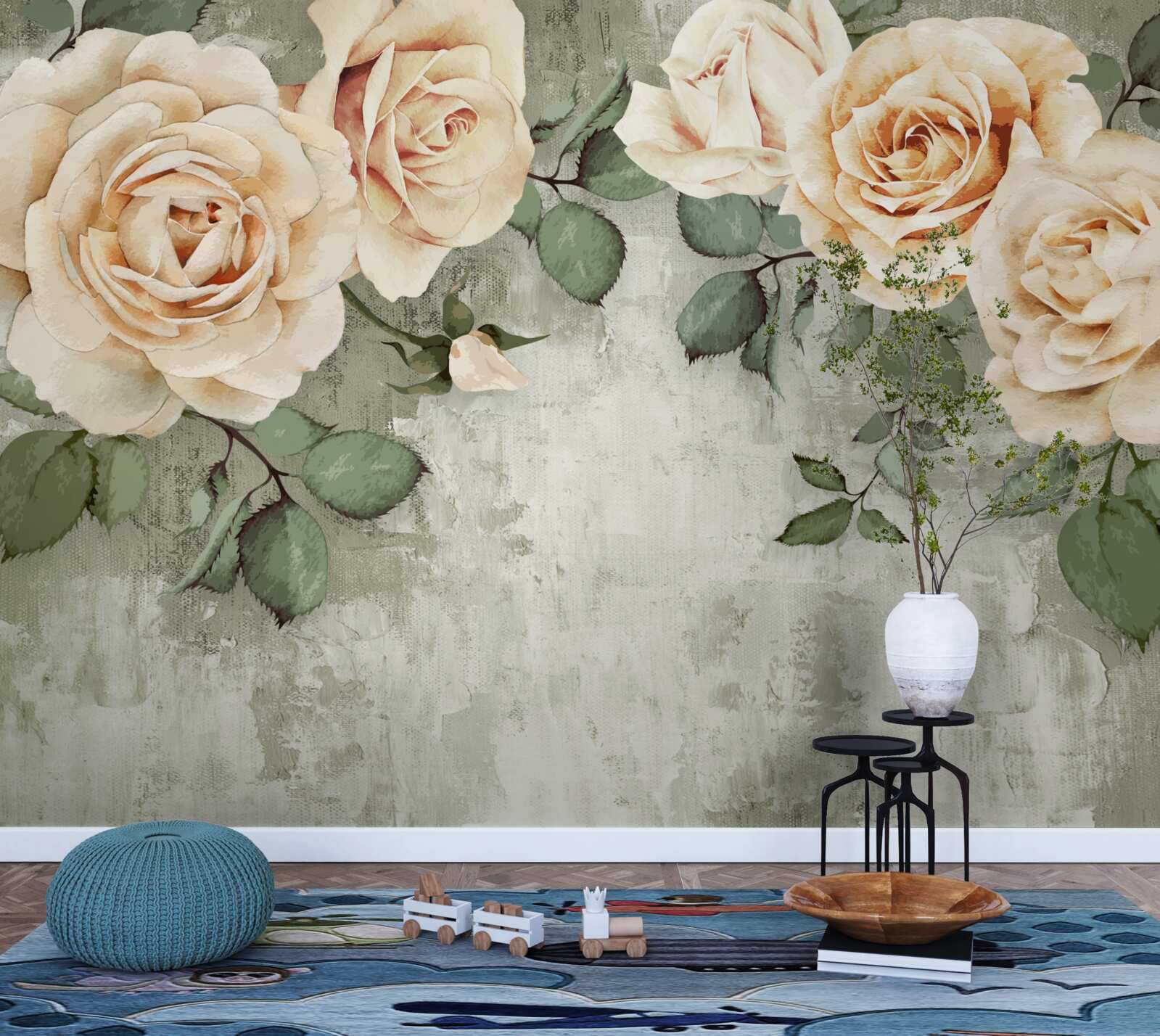 Fototapeta krémové ruže s veľkými zelenými listami