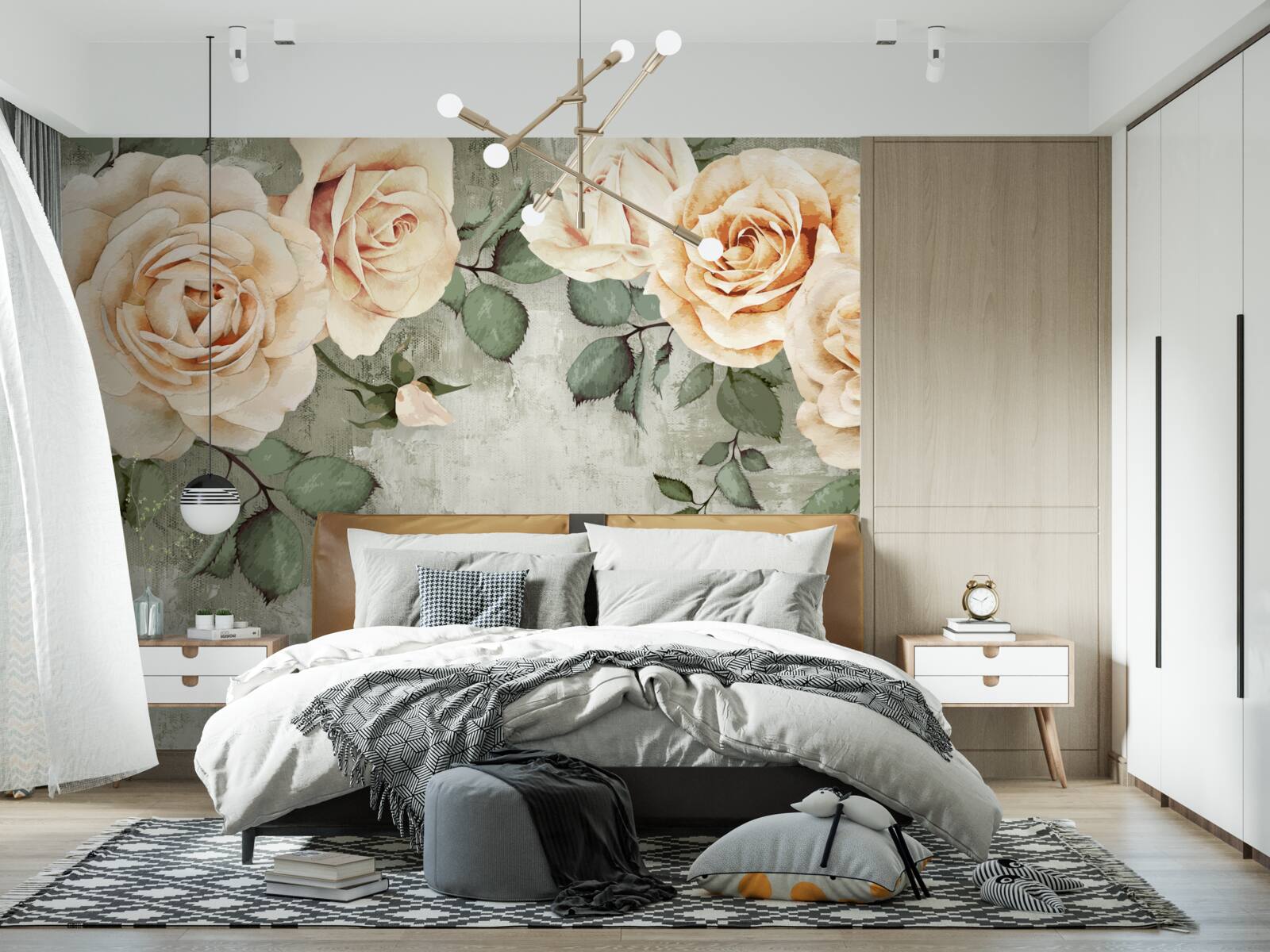 Fototapeta krémové ruže s veľkými zelenými listami