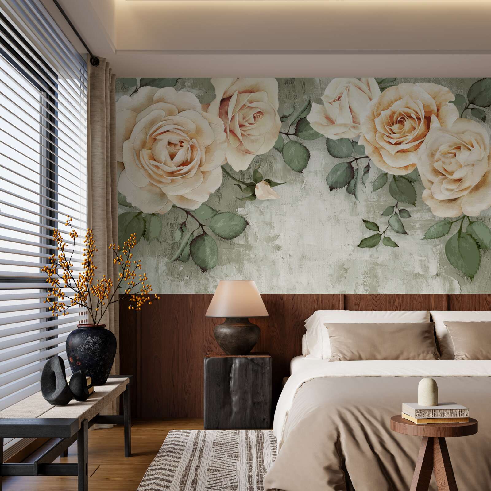 Fototapeta krémové ruže s veľkými zelenými listami