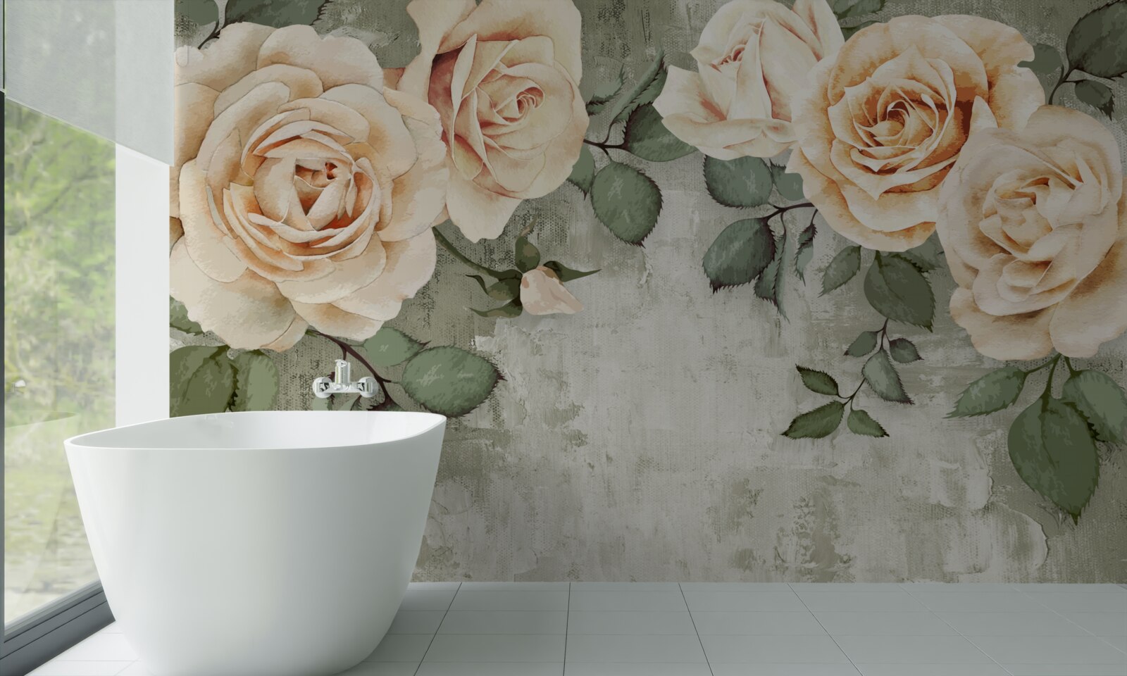 Fototapeta krémové ruže s veľkými zelenými listami