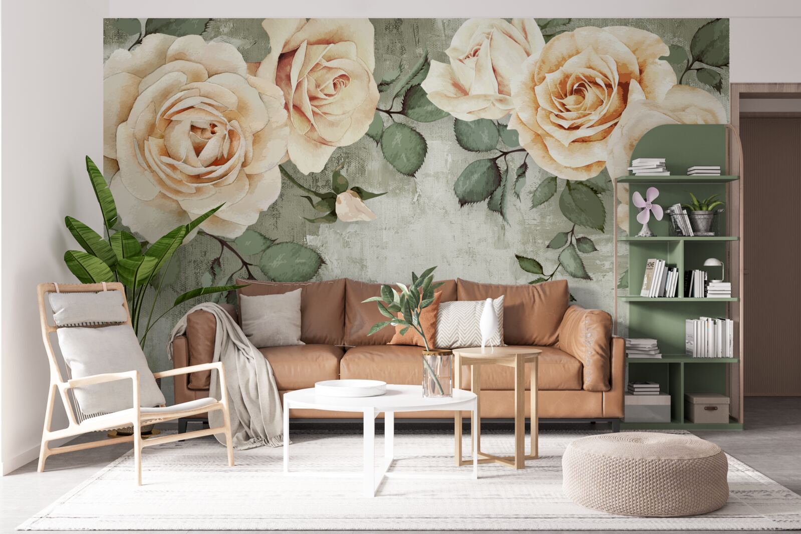 Fototapeta krémové ruže s veľkými zelenými listami