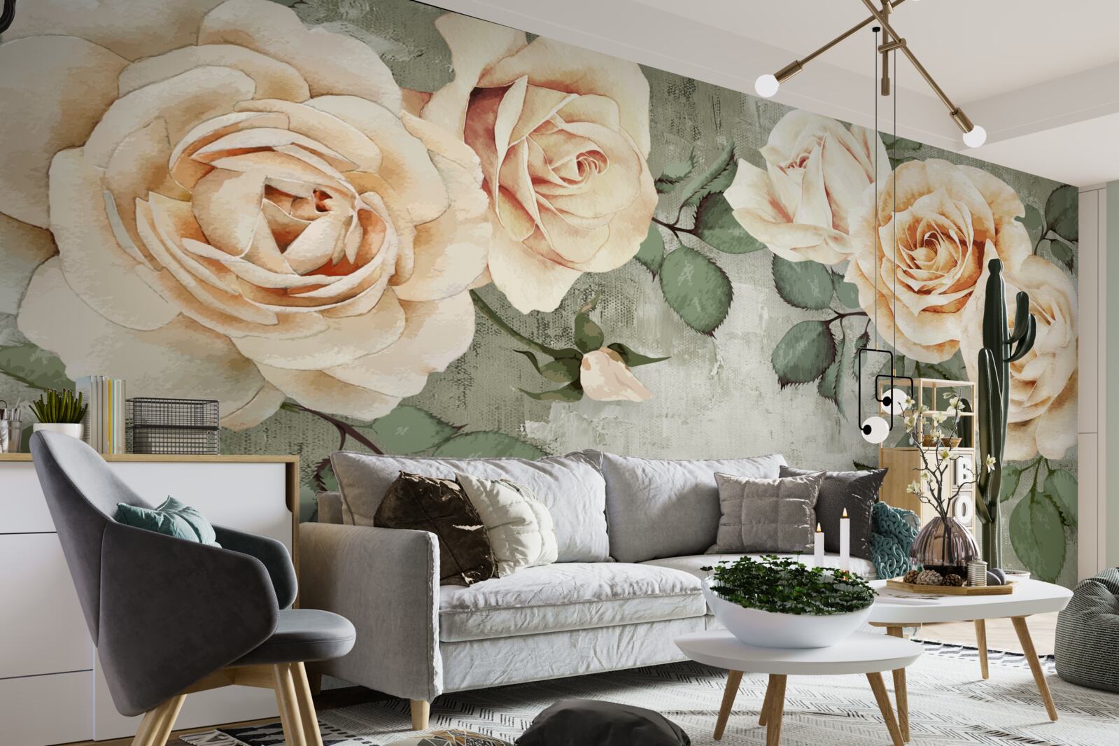 Fototapeta krémové ruže s veľkými zelenými listami