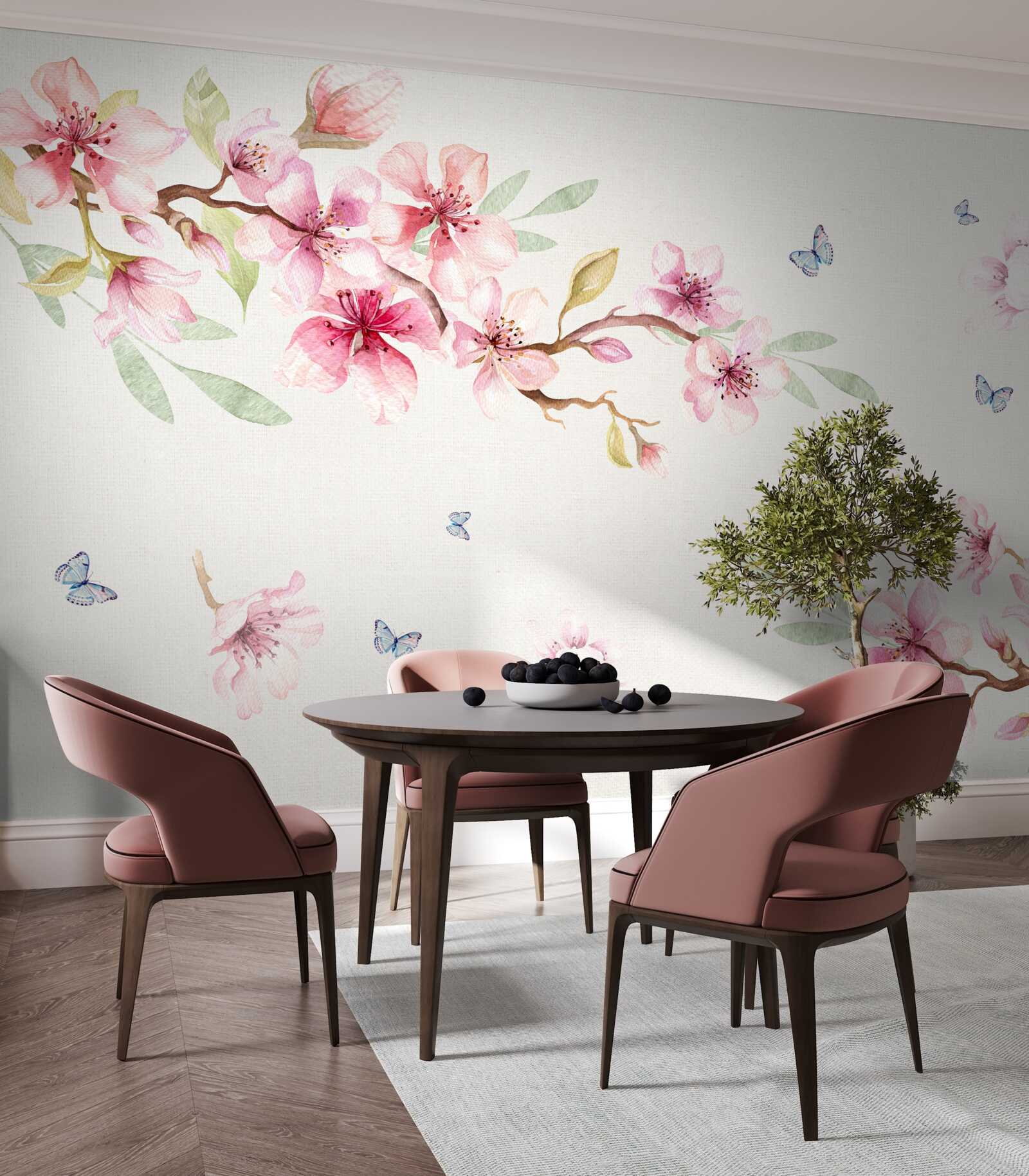 Fototapeta motýle lietajú okolo konárov s kvetmi