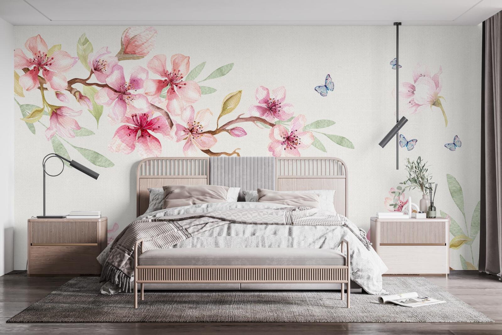 Fototapeta motýle lietajú okolo konárov s kvetmi