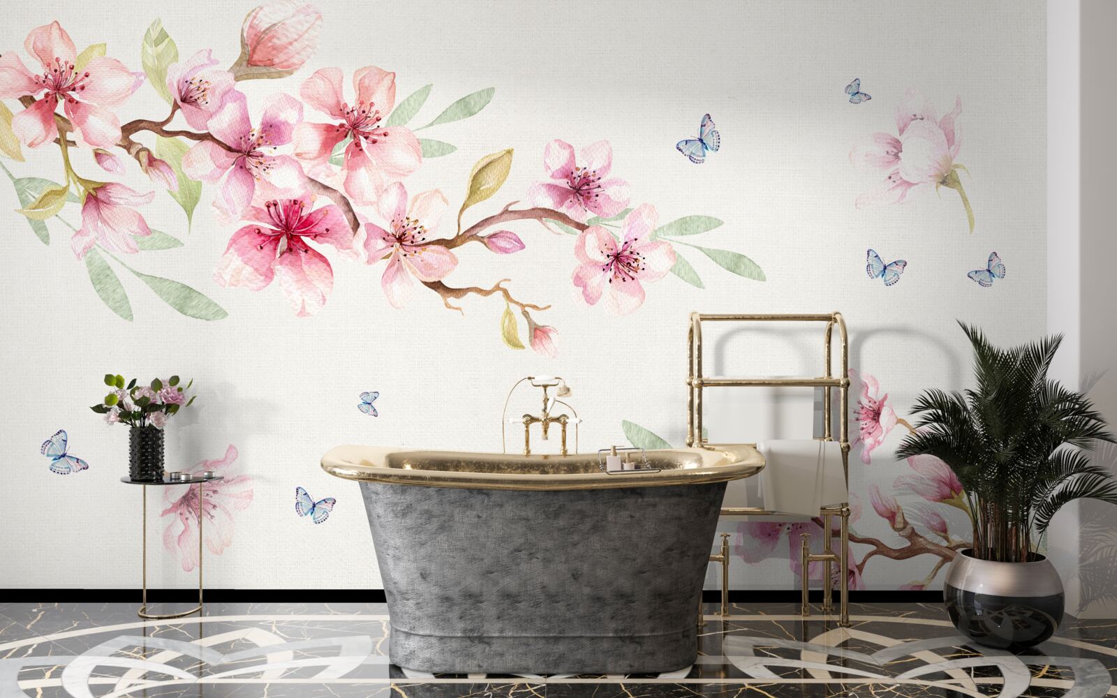 Fototapeta motýle lietajú okolo konárov s kvetmi