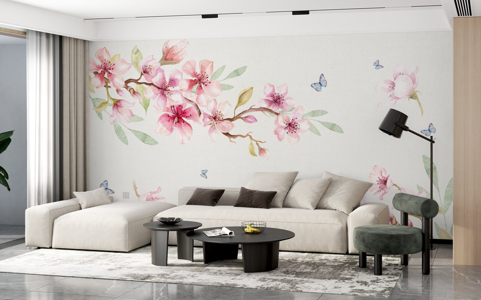 Fototapeta motýle lietajú okolo konárov s kvetmi