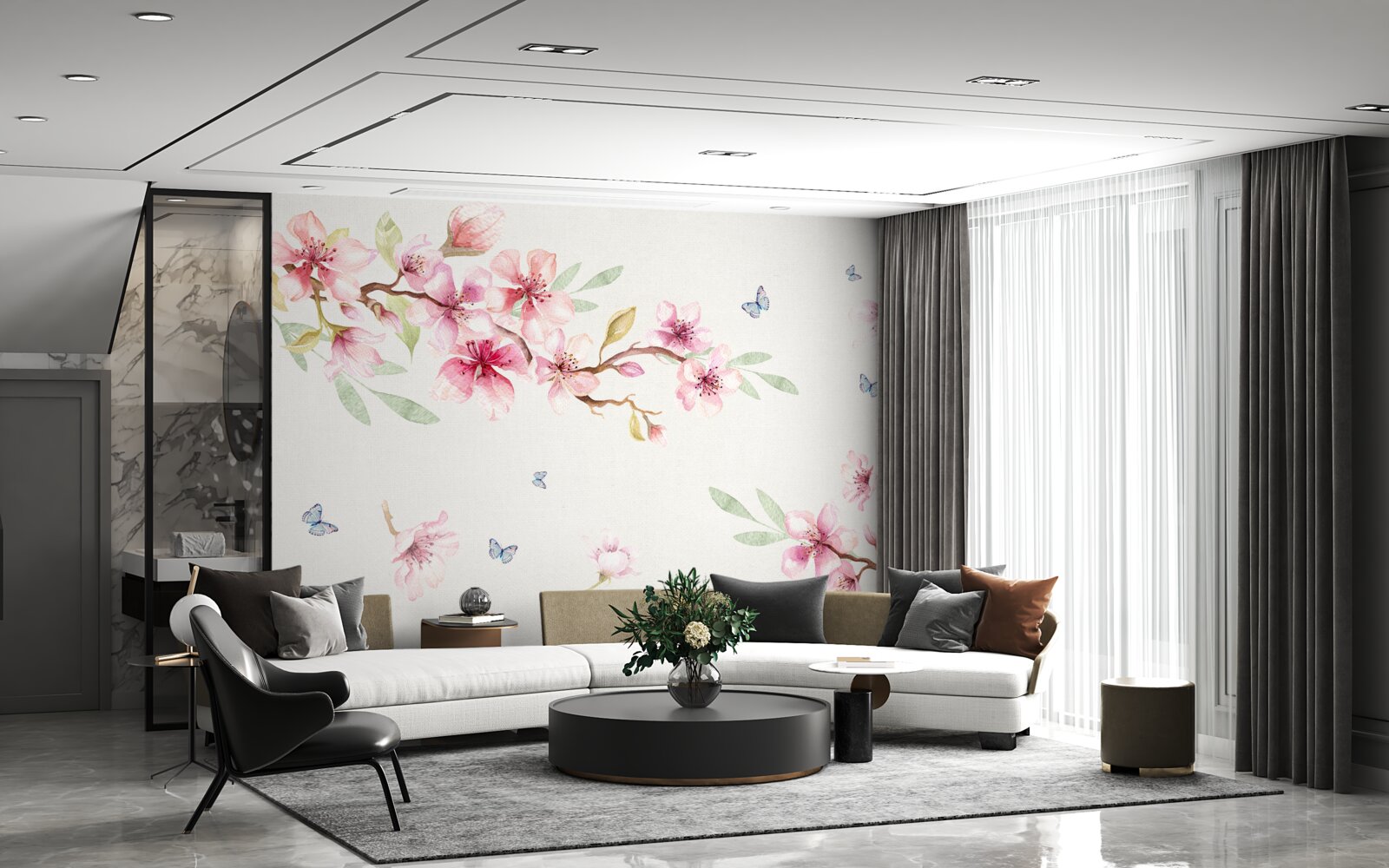 Fototapeta motýle lietajú okolo konárov s kvetmi