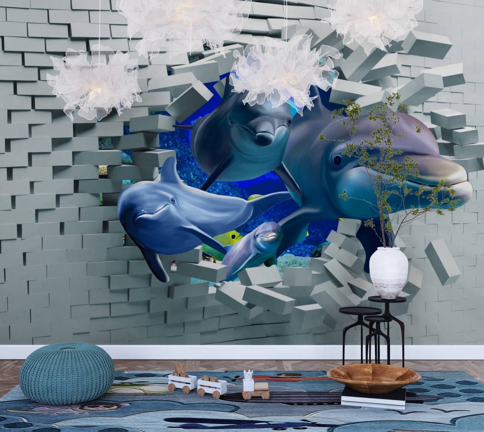 Fototapeta delfíny prelomia murovanú bariéru