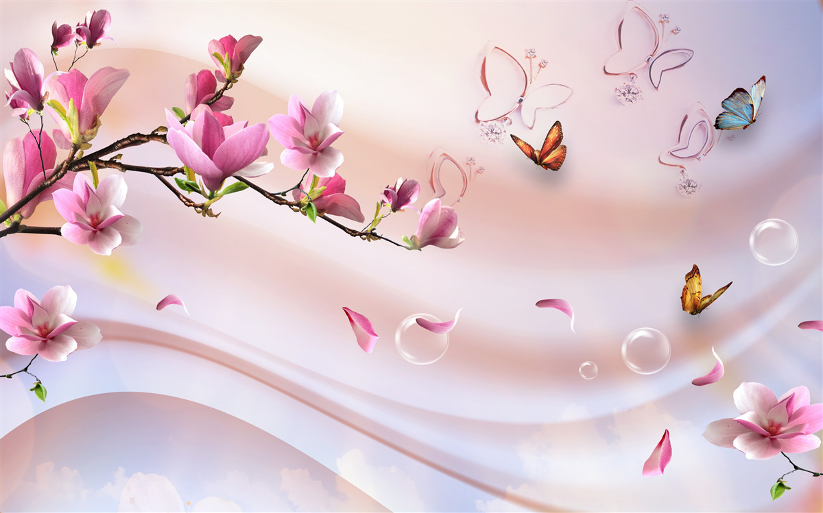 Fototapeta vetva s ružovými kvetmi a vlajúcimi motýľmi