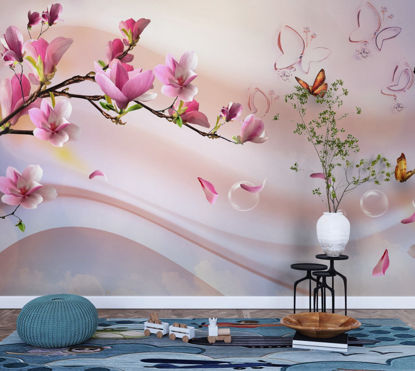 Fototapeta vetva s ružovými kvetmi a vlajúcimi motýľmi