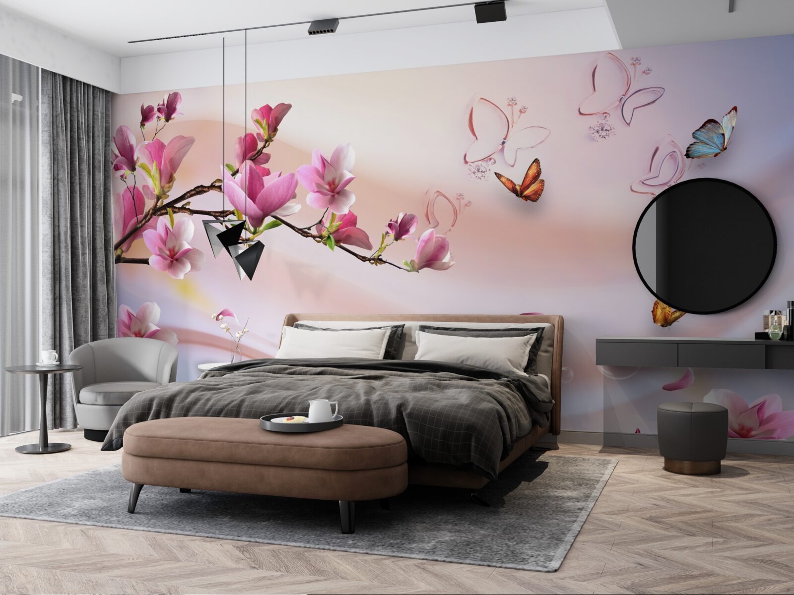 Fototapeta vetva s ružovými kvetmi a vlajúcimi motýľmi