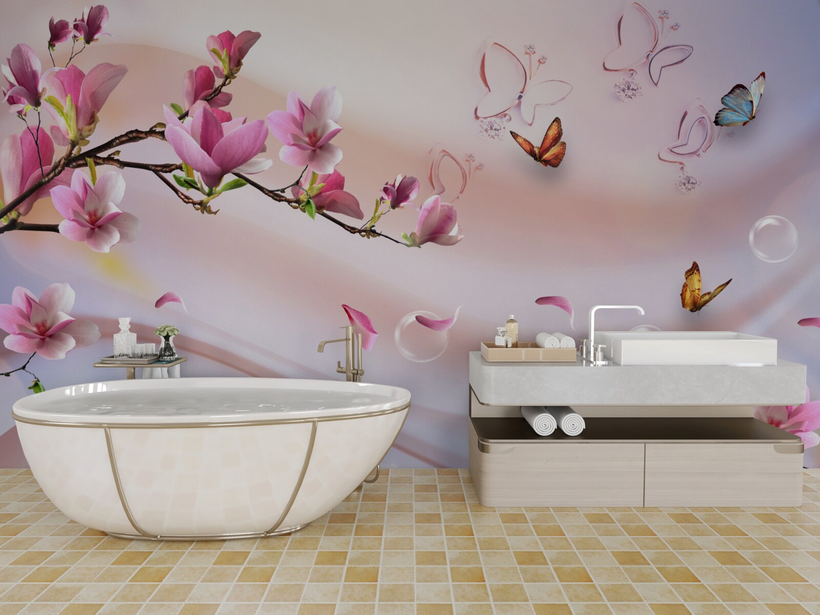 Fototapeta vetva s ružovými kvetmi a vlajúcimi motýľmi