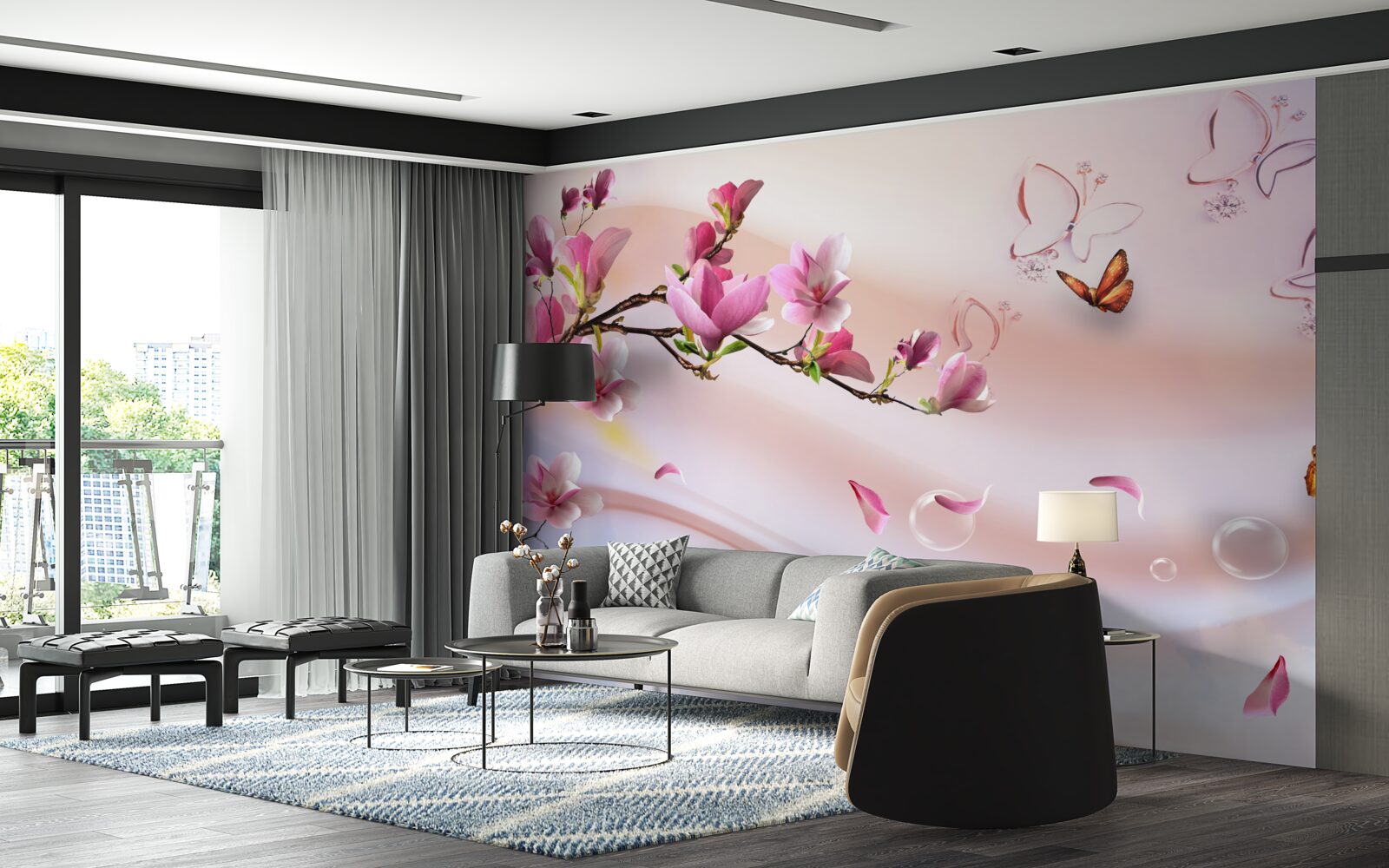 Fototapeta vetva s ružovými kvetmi a vlajúcimi motýľmi