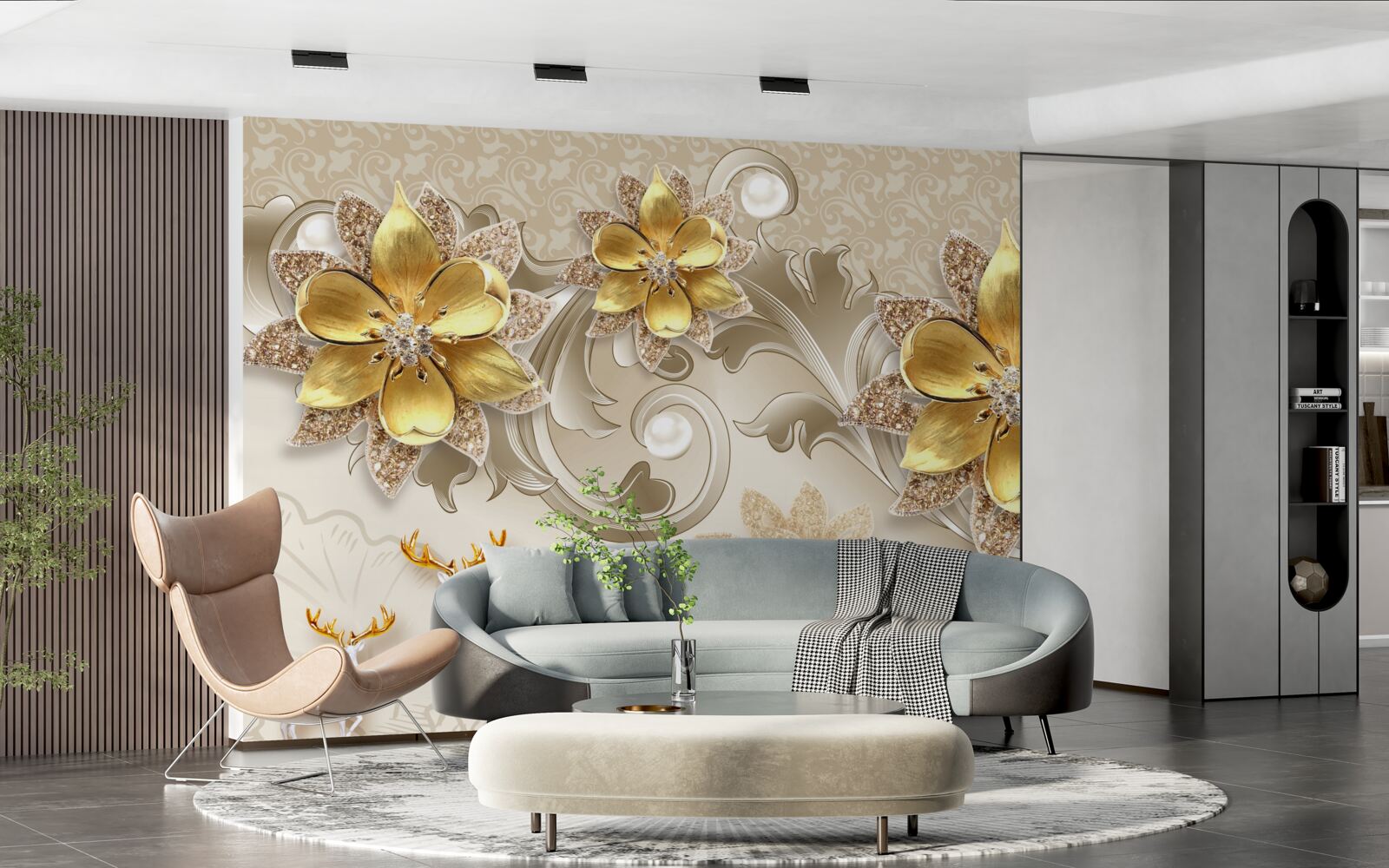 Fototapeta malý snehovo biely jeleň a kamenné žlté kvety