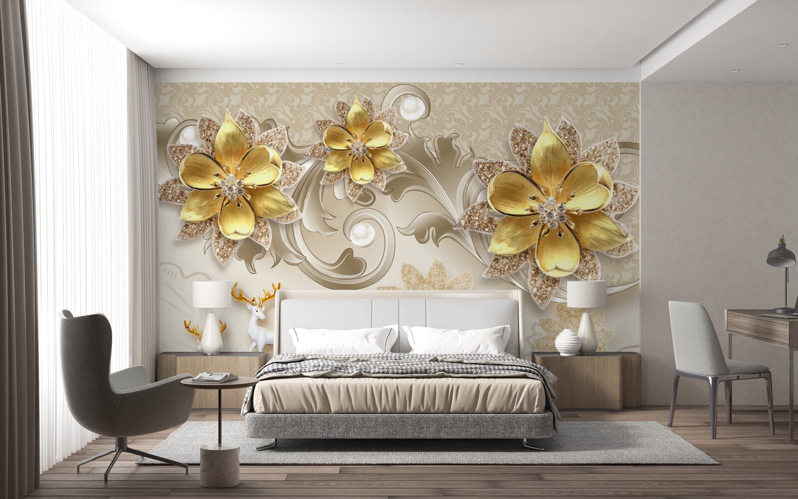 Fototapeta malý snehovo biely jeleň a kamenné žlté kvety