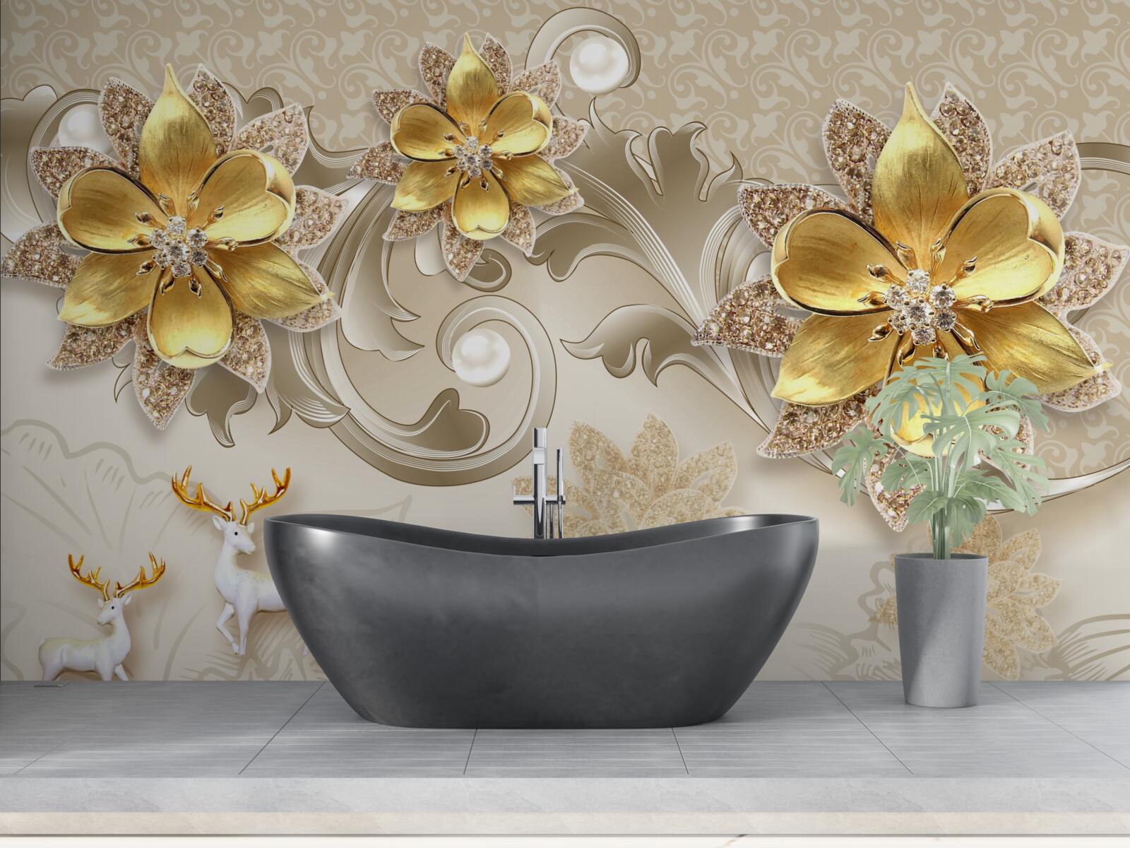 Fototapeta malý snehovo biely jeleň a kamenné žlté kvety