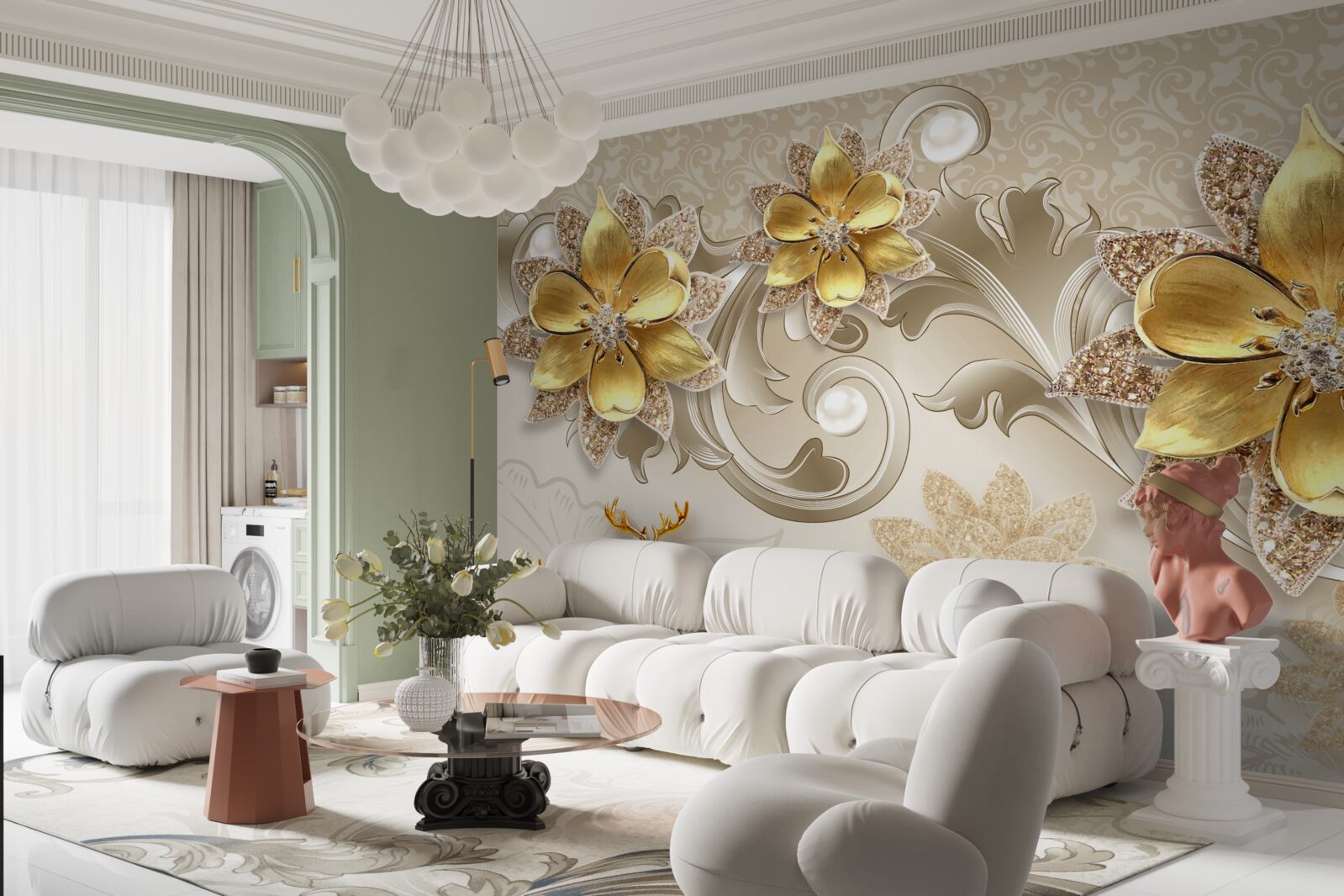 Fototapeta malý snehovo biely jeleň a kamenné žlté kvety