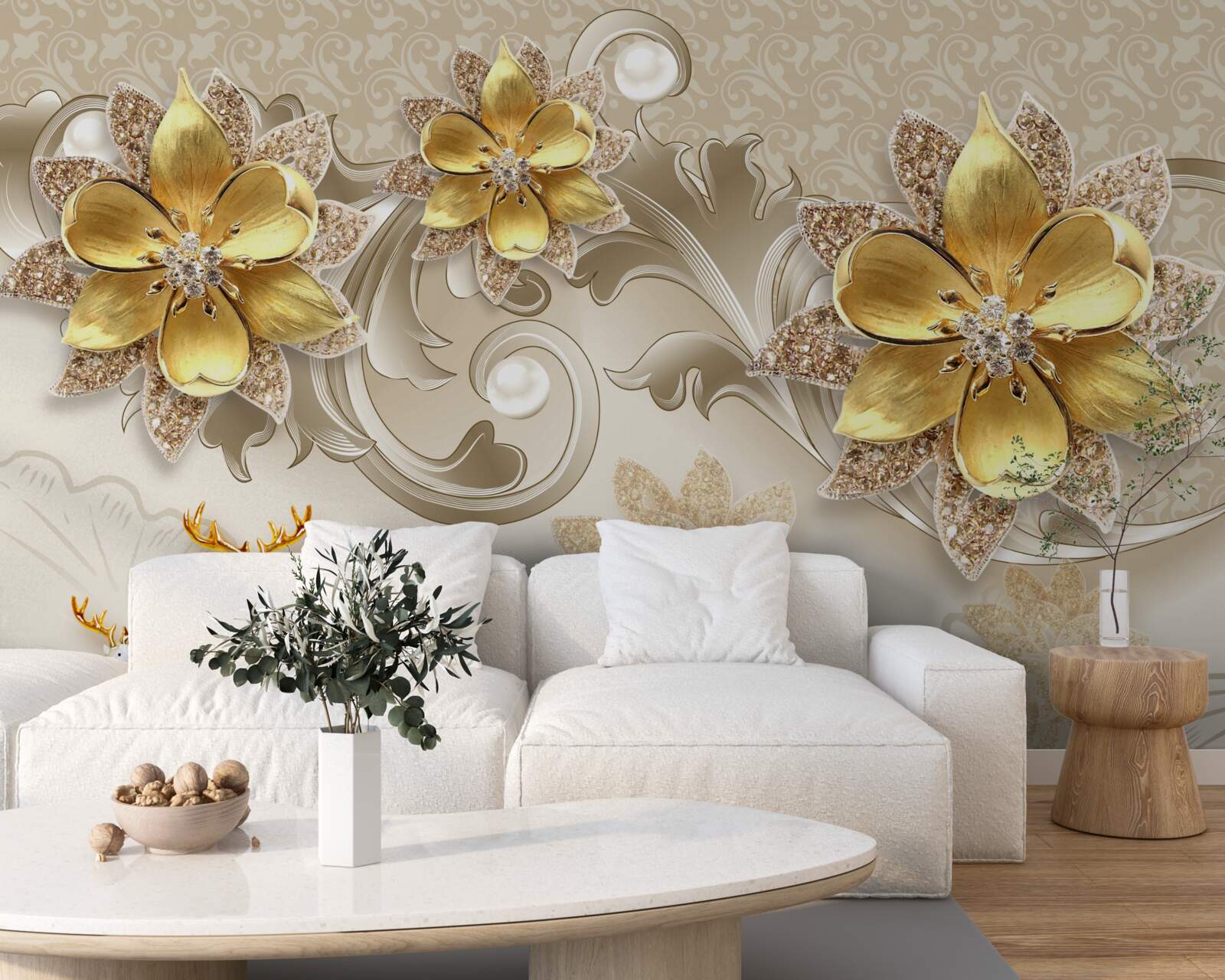 Fototapeta malý snehovo biely jeleň a kamenné žlté kvety