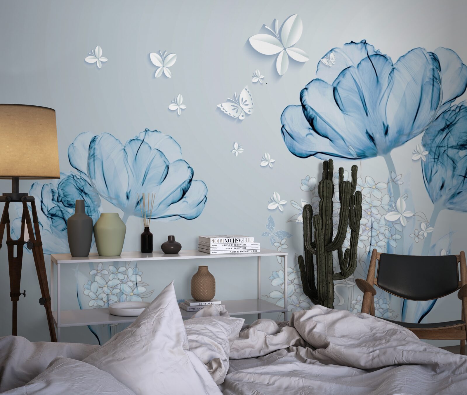 Fototapeta modré kvety a svetlé motýle