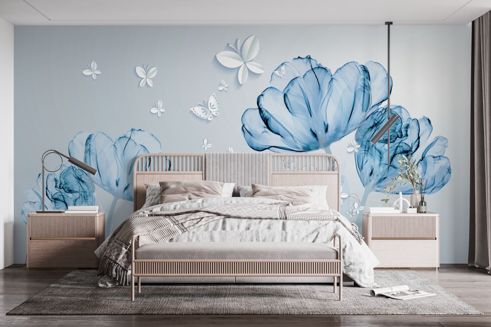 Fototapeta modré kvety a svetlé motýle