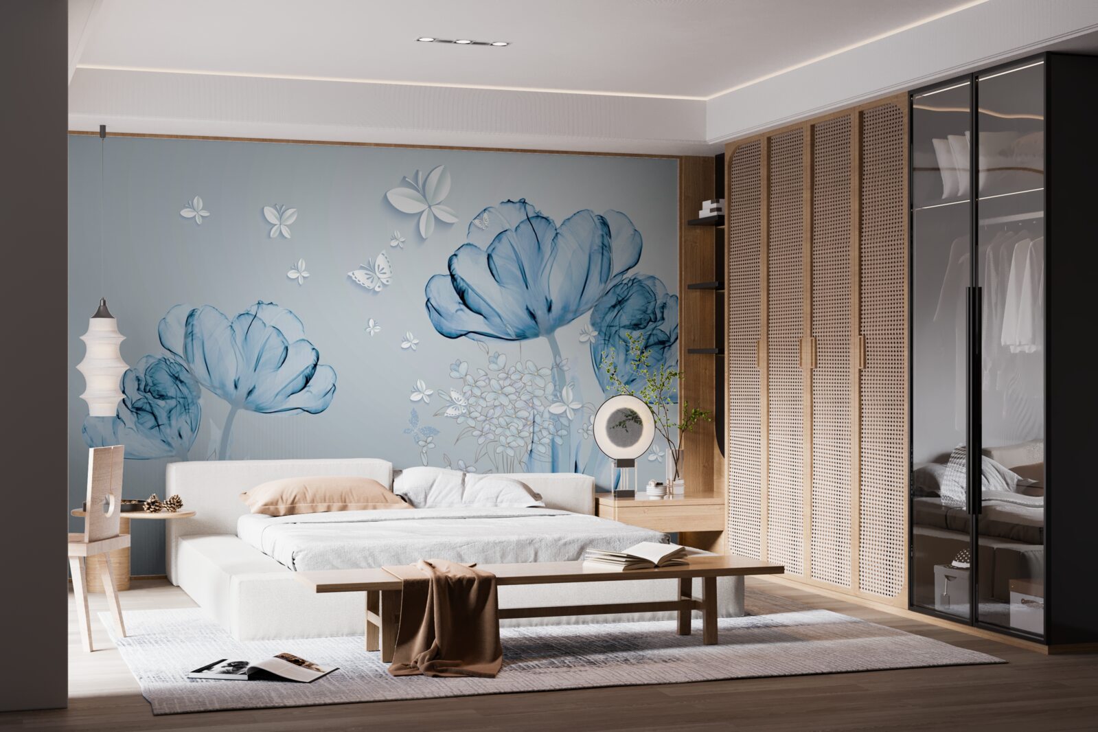 Fototapeta modré kvety a svetlé motýle