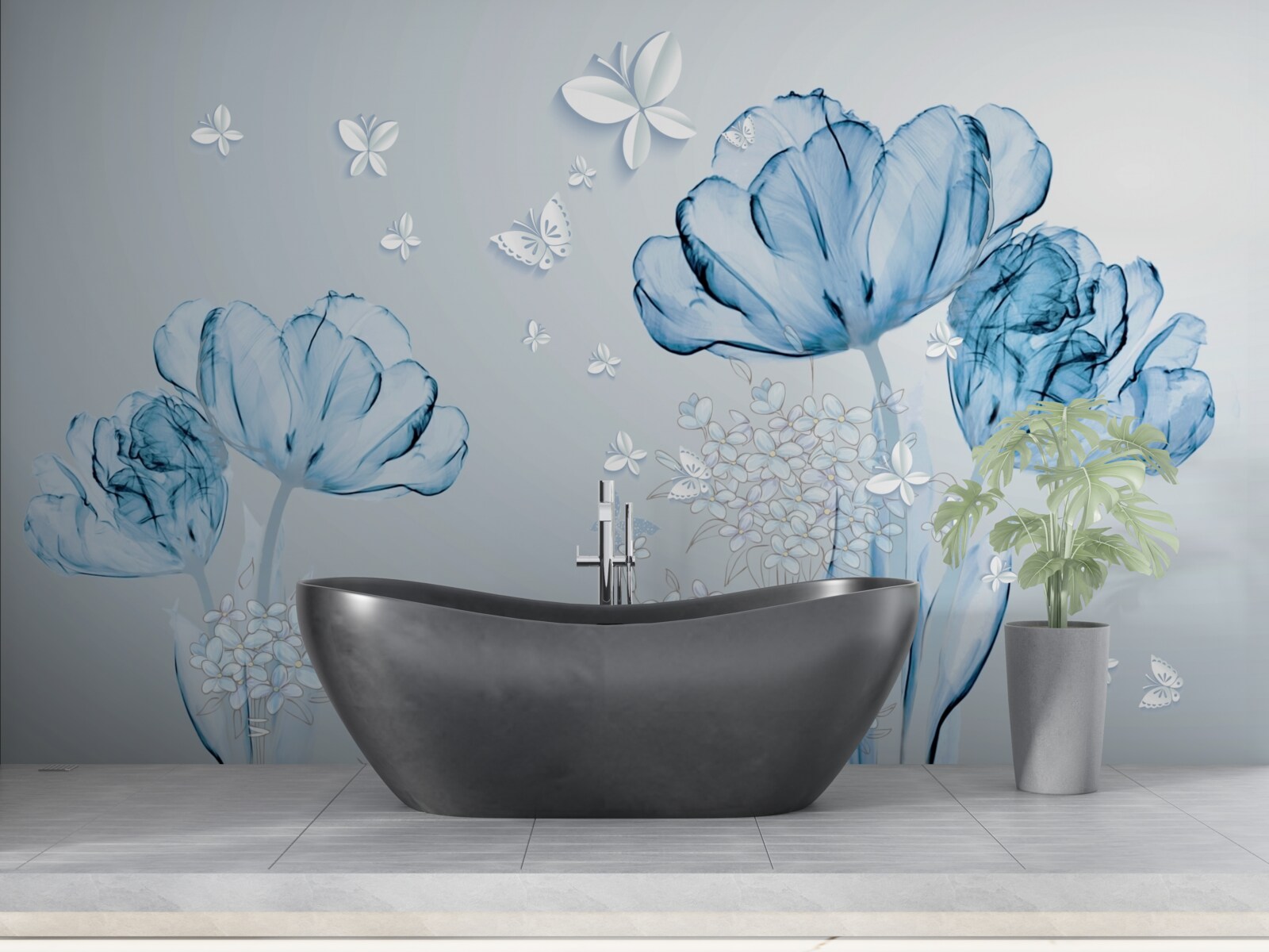 Fototapeta modré kvety a svetlé motýle