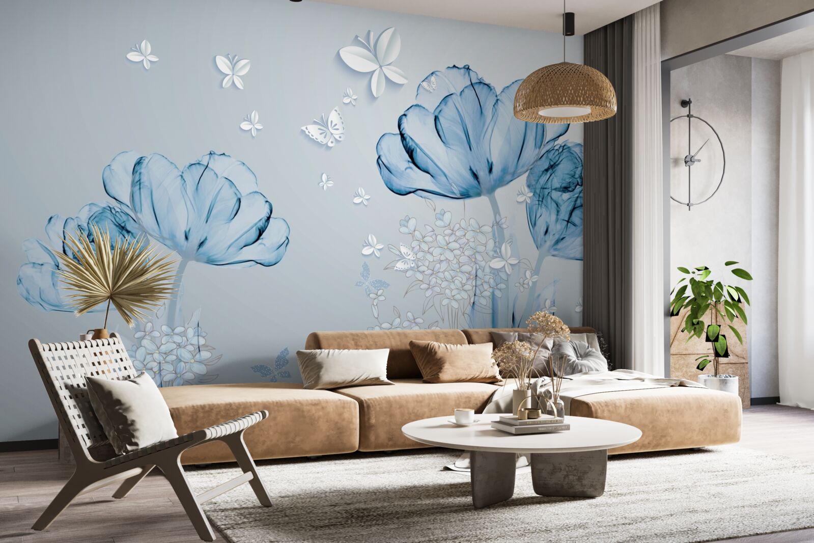 Fototapeta modré kvety a svetlé motýle