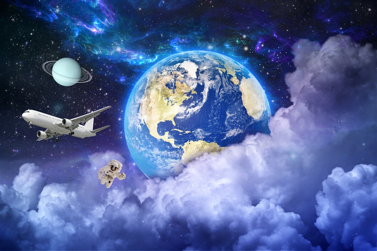 Fototapeta lietadlo a astronaut vo vesmíre