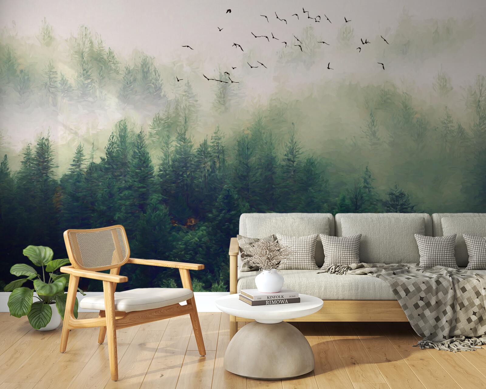 Fototapeta vtáky lietajú nad lesom v hmlistom vzduchu