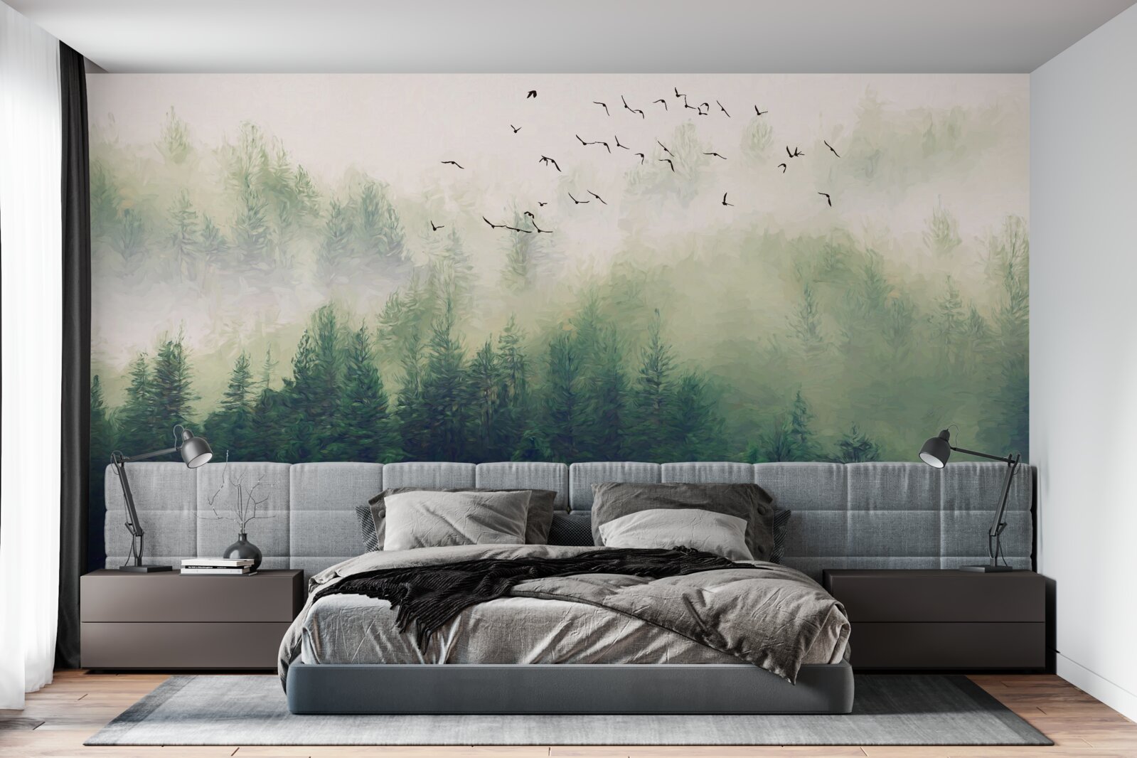 Fototapeta vtáky lietajú nad lesom v hmlistom vzduchu
