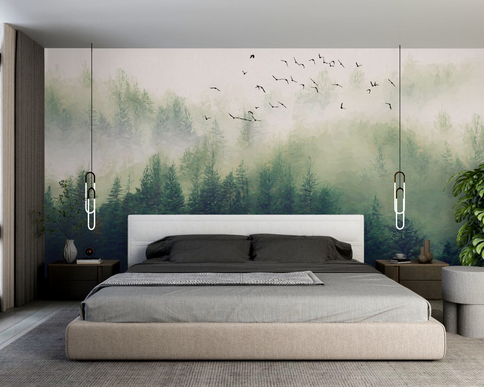 Fototapeta vtáky lietajú nad lesom v hmlistom vzduchu