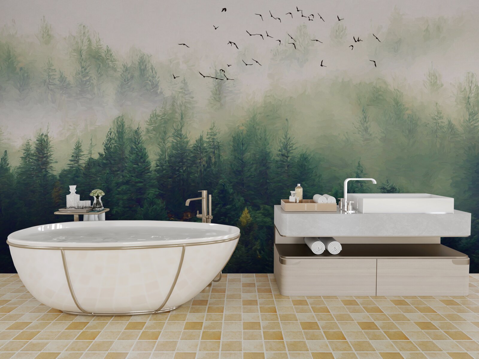 Fototapeta vtáky lietajú nad lesom v hmlistom vzduchu