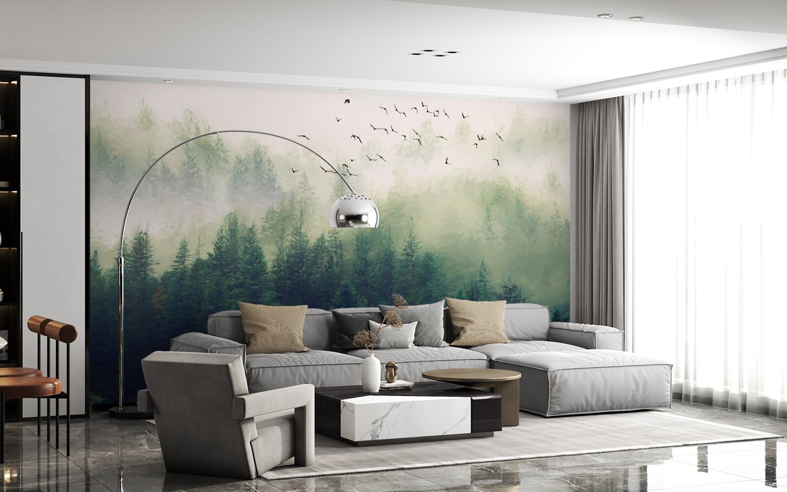 Fototapeta vtáky lietajú nad lesom v hmlistom vzduchu