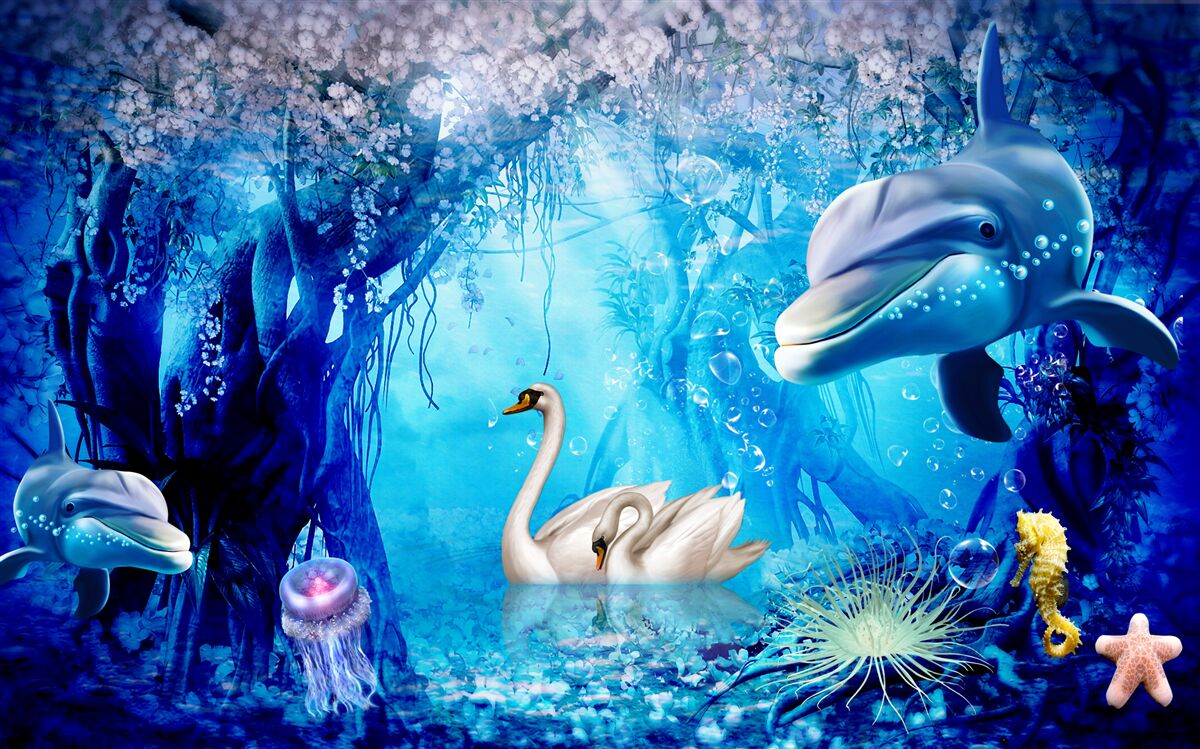 Fototapeta Labute a delfíny pod vodou