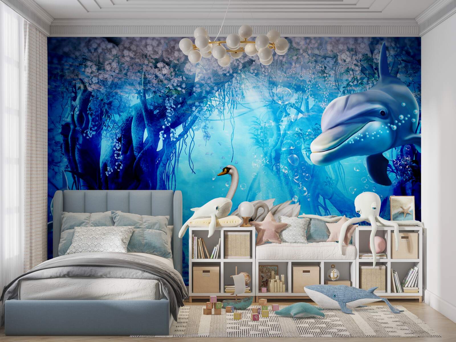 Fototapeta Labute a delfíny pod vodou